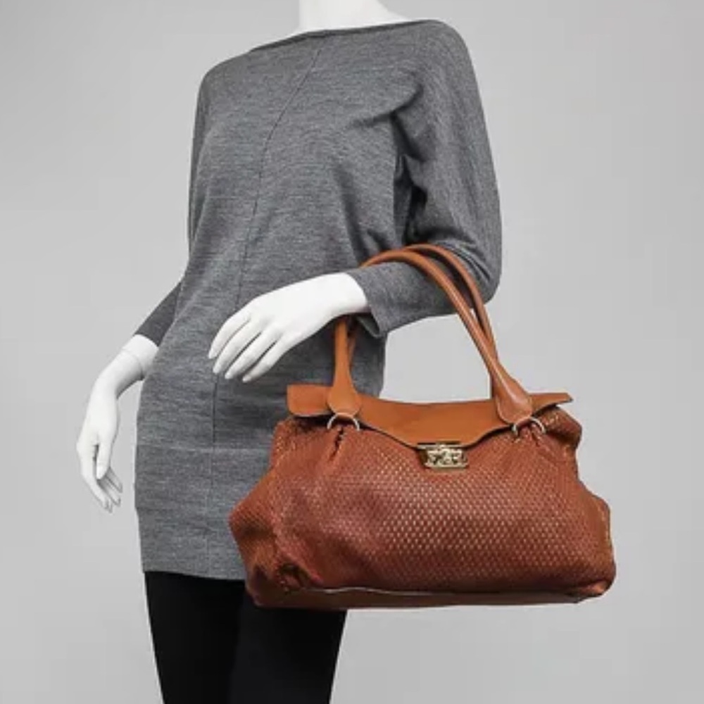 CHLOE Brown Perforated Leather Elise Large Satchel Bag